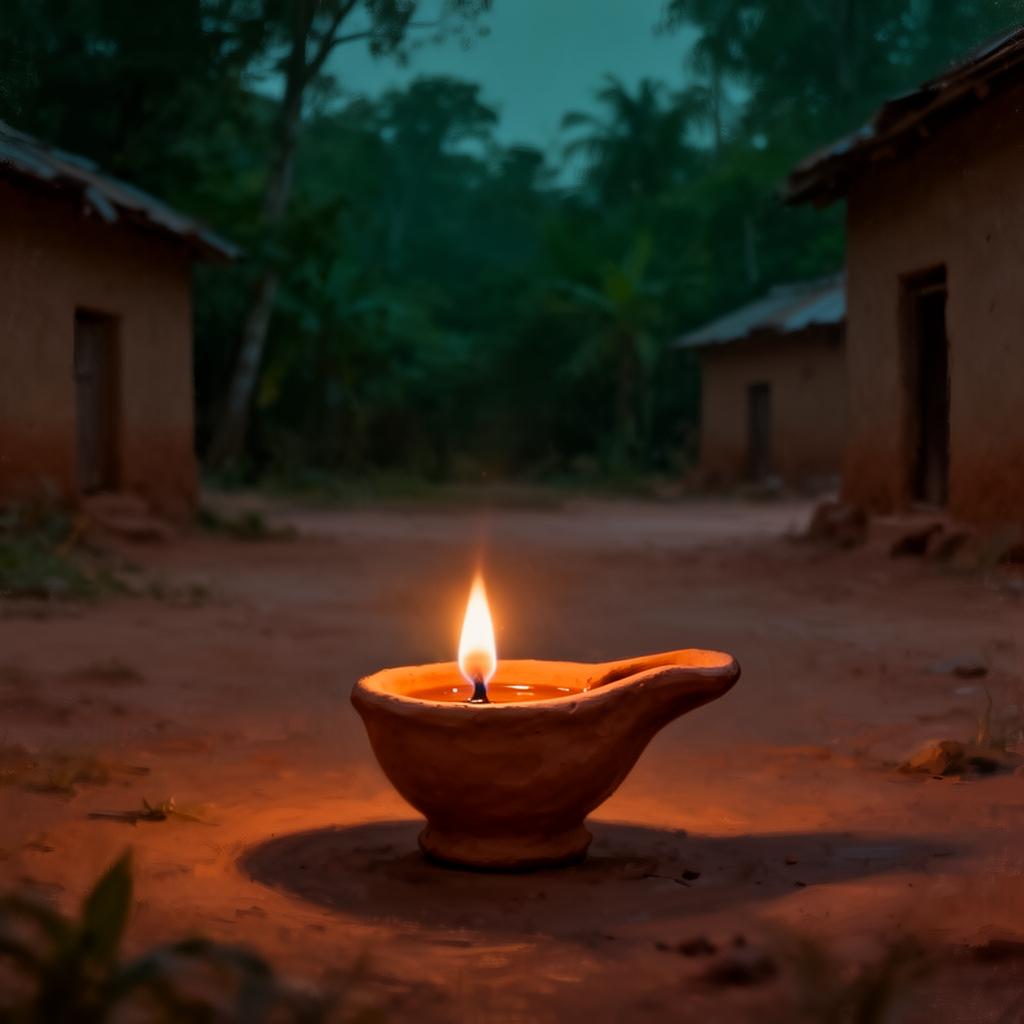 A small clay oil lamp glowing at dusk